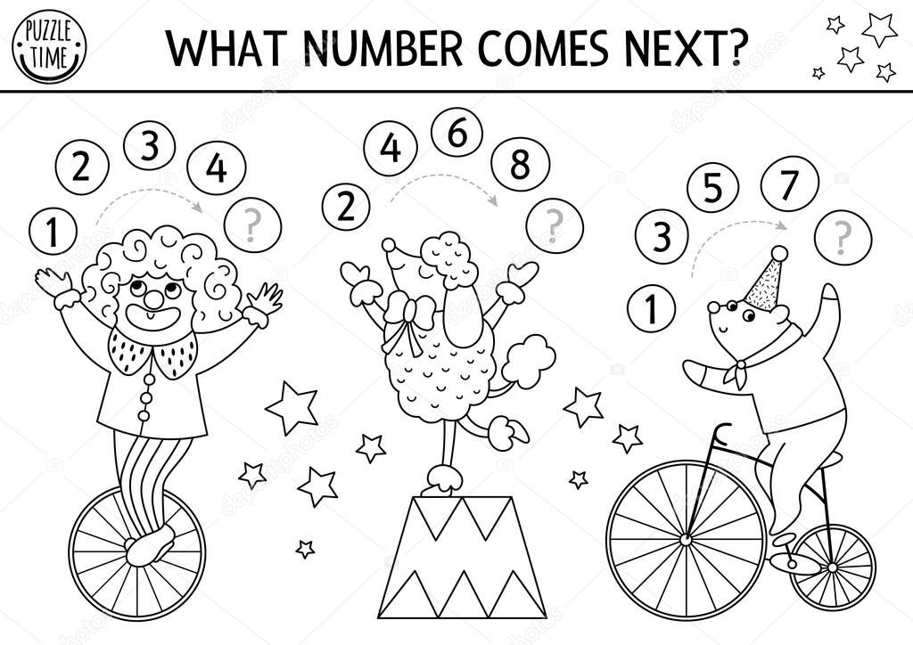 What number comes next. Black and white continue the row game with numerals and cute circus artists. Amusement show logical math coloring page with clown, poodle, bear on bik