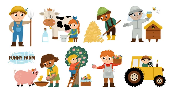 Conjunto Agricultores Vectores Lindos Niños Haciendo Trabajo Agrícola Escenas Rurales — Archivo Imágenes Vectoriales