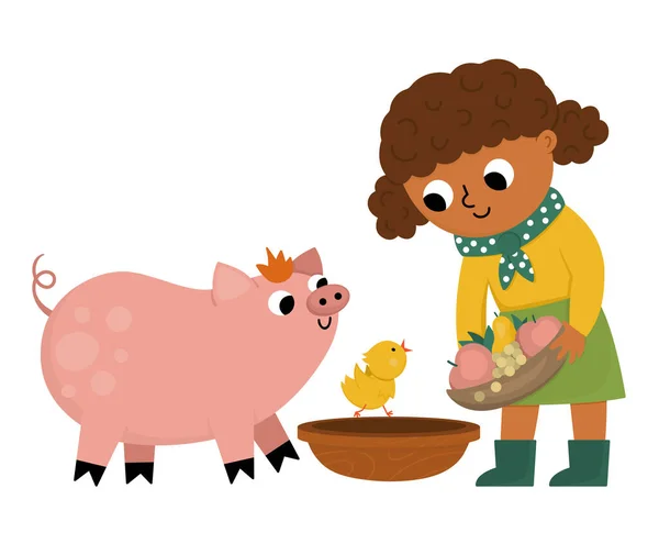 病媒牲畜饲养者图标 农家女孩喂动物 可爱的孩子在做农活 乡村风光 有可爱的猪和鸡的孩子带有卡通人物的有趣农场插图 — 图库矢量图片