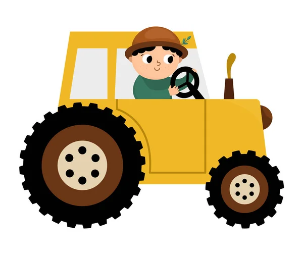 Vector Farmer Driving Tractor Icon Farm Transportation Driver Isolated White — Stock Vector