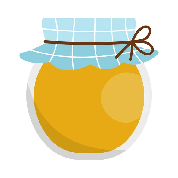 在白色背景上孤立的矢量蜂蜜罐图标 用蓝色格子布捆扎的漂亮的农村玻璃壶 平面养蜂场插画 — 图库矢量图片