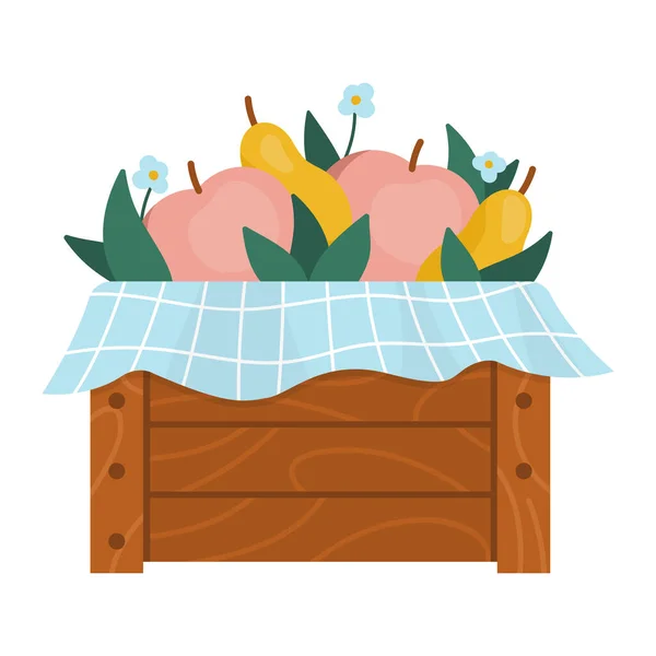 Boîte Bois Vectorielle Mignonne Avec Pommes Poires Fleurs Feuilles Tissu — Image vectorielle