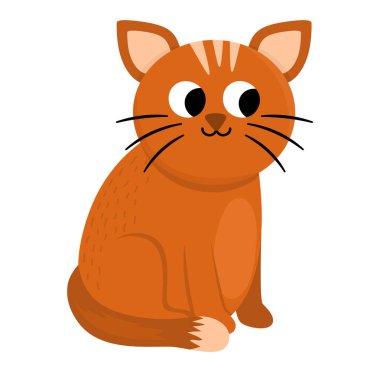 Vektör kedi simgesi. Çocuklar için kedi resmi çizen şirin bir çizgi film. Beyaz arka planda izole edilmiş çiftlik ya da evcil hayvan. Çocuk için renkli düz evcil hayvan resmi