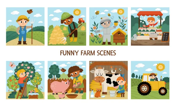 Vektorfarm Jelenetek Beállítva Aranyos Gyerekek Akik Mezőgazdasági Munkát Végeznek Vidéki — Stock Vector