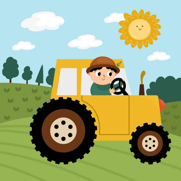 Escena Granja Vectorial Con Tractor Conducción Agricultor Paisaje Rural Con — Vector de stock