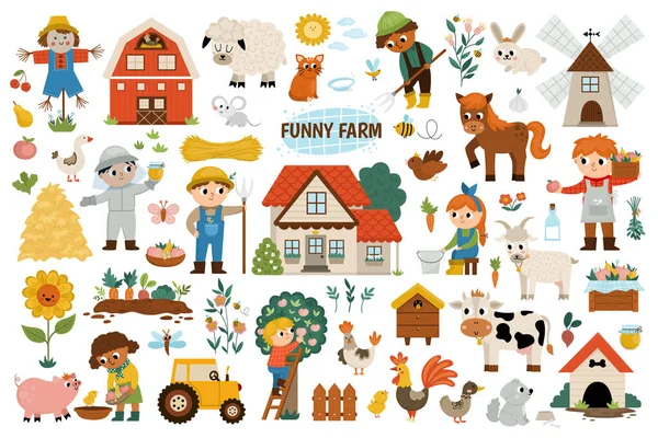 Nagy Vektorfarm Készlet Vidéki Ikonok Gyűjtemény Vicces Gyerek Gazdák Pajta — Stock Vector