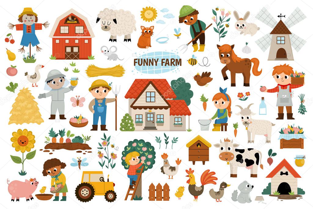 Big vector farm set. Rural icons collection with funny kid farmers, barn, country house, animals, birds, tractor, windmill, hay stacks, fruit, vegetables, beehive. Cute flat village or garden illustration