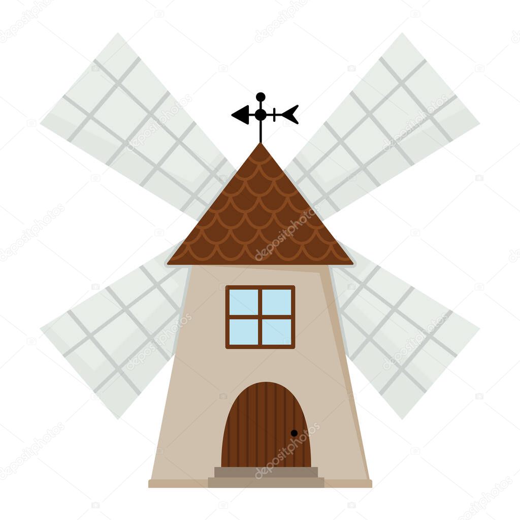 Vector windmill icon isolated on white background. Flat wind mill illustration. Cute farm house for grinding grain. Rural or garden outhouse pictur