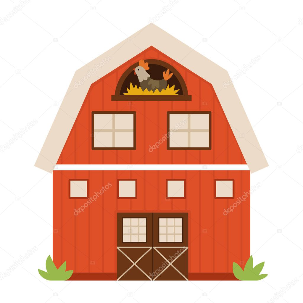 Vector barn icon isolated on white background. Flat farm shed illustration. Cute red woodshed with windows and hen in the nest. Rural or garden outhouse pictur