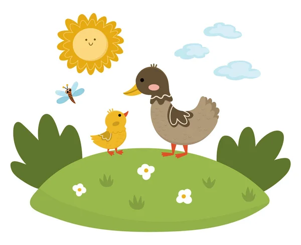 在阳光下的草坪上 一只带着小鸭的病媒鸭 给孩子们看卡通画的家庭场景 大自然背景下的农场鸟类 给孩子们看色彩艳丽的母幼动物图片 — 图库矢量图片