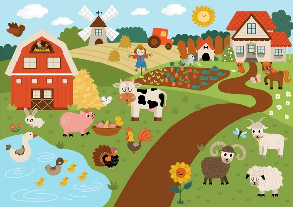 Vektor Farm Táj Illusztráció Vidéki Falusi Jelenet Állatokkal Pajtával Vidéki — Stock Vector