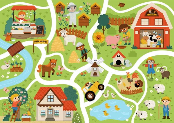 Granja Pueblo Mapa Fondo Vida Rural Vector Escenas Del Área — Archivo Imágenes Vectoriales