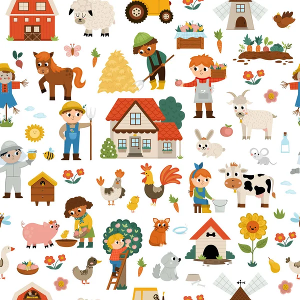 Vektor Farm Zökkenőmentes Minta Vidéki Vidék Megismétli Háttér Vicces Gazdák — Stock Vector