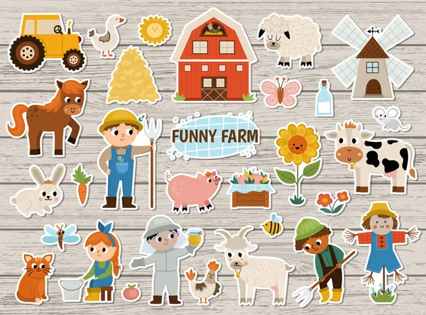 Big Vector Farm Stickers Set Rural Patches Icons Collection Funny — Stock Vector