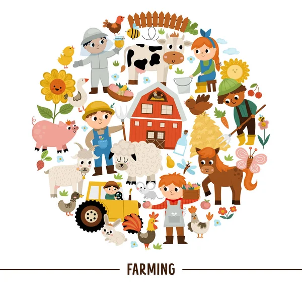 Vector Fazenda Armação Redonda Com Agricultores Animais Modelo Cartão Rural —  Vetores de Stock