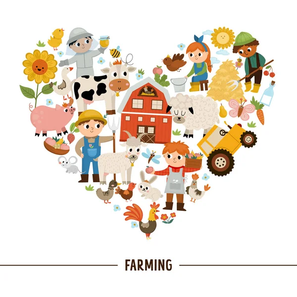Quadro Forma Coração Fazenda Vetorial Com Agricultores Animais Modelo Cartão —  Vetores de Stock