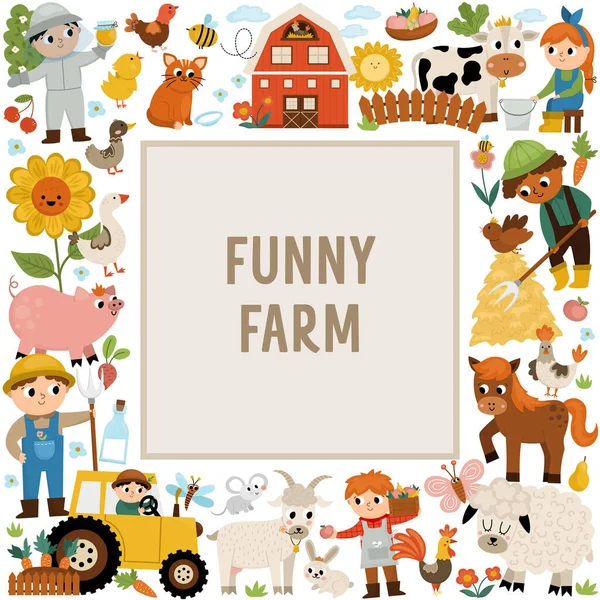 Quadro Quadrado Fazenda Vetorial Com Agricultores Animais Modelo Cartão Rural — Vetor de Stock