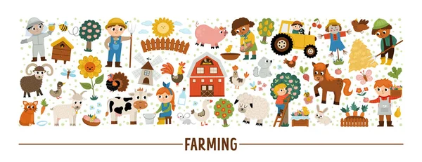 Fazenda Vetorial Horizontal Com Agricultores Animais Modelo Cartão Rural Design —  Vetores de Stock