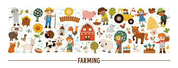 Ensemble Horizontal Ferme Vectorielle Avec Agriculteurs Animaux Modèle Carte Pays — Image vectorielle