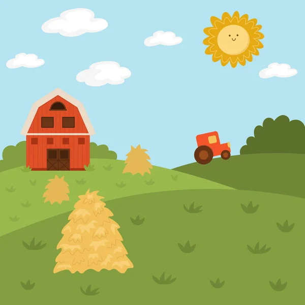 Ilustración Paisaje Granja Vectorial Escena Del Pueblo Rural Con Granero — Vector de stock