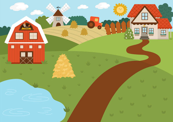 Vector farm landscape illustration. Rural village scene with barn, country house, tractor. Cute spring or summer nature background with pond, meadow, garden. Detailed country field picture for kid