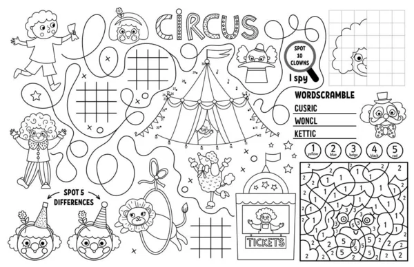 Vector Circus Placemat Kids Amusement Show Printable Activity Mat Maze — Stock Vector