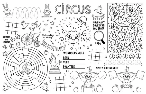 Vector Circus Placemat Kids Amusement Show Printable Activity Mat Maze — Stock Vector