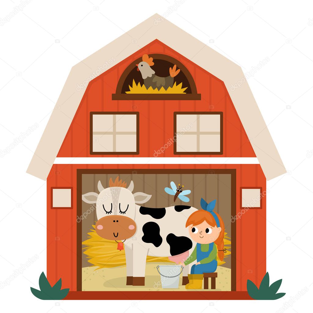 Vector barn icon with girl milking cow inside isolated on white background. Flat farm shed illustration. Cute red woodshed with windows and hen in the nest. Rural or garden outhouse pictur