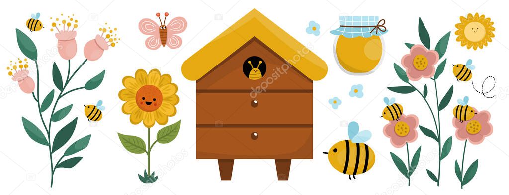 Vector apiary icons collection. Farm honey making set. Cute beekeeping concept illustration with beehive, flowers, sunflower, flowers, jar, butterfly, sun. Bee house element