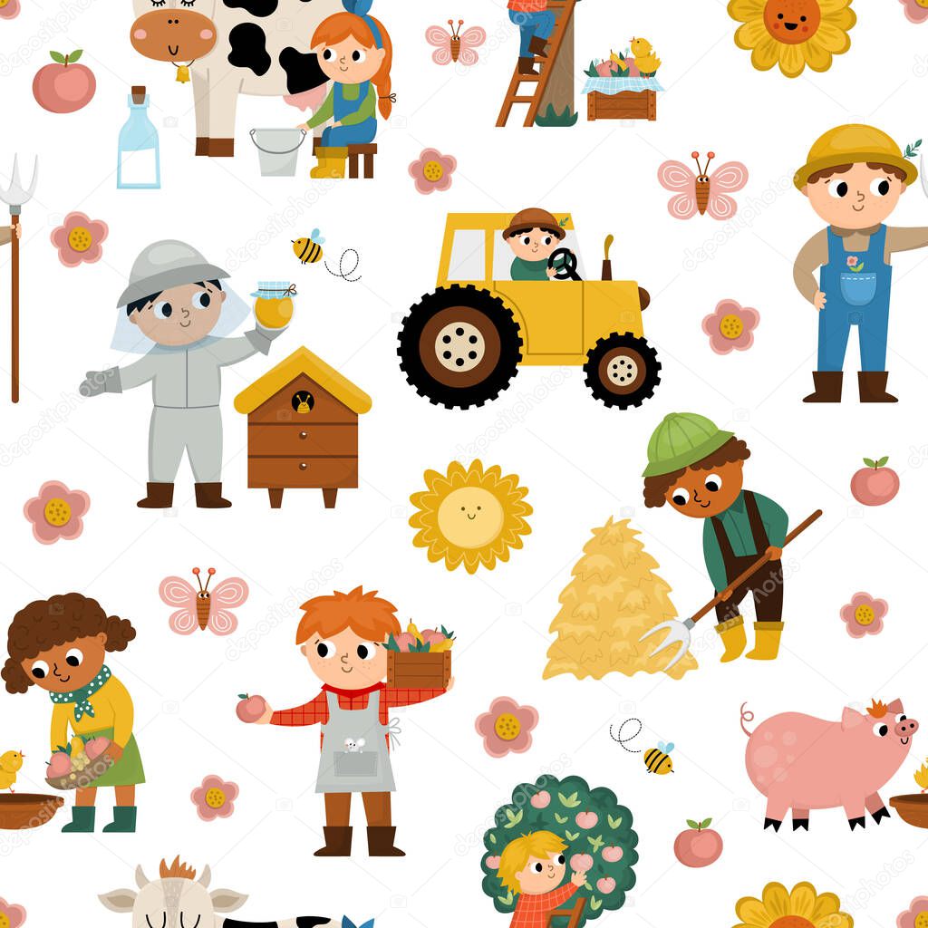 Vector seamless pattern with farmers. Repeat background with cute kids doing agricultural work. Rural country scenes digital paper. Funny farm illustration with cartoon boys and girl