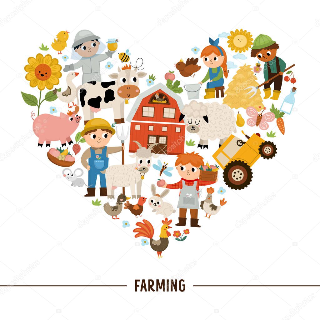 Vector farm heart shaped frame with farmers and animals. Rural country card template or local market design for banners, invitations. Cute countryside illustration with barn, cow, tractor, pig, he