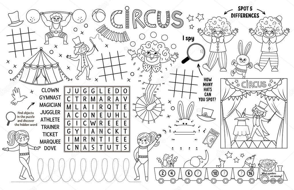 Vector circus placemat for kids. Amusement show printable activity mat with maze, tic tac toe charts, connect the dots, find difference. Black and white play mat or coloring page with clow