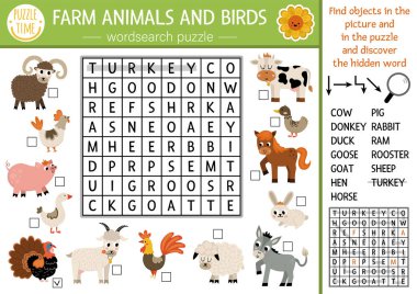 Vector farm animals and birds wordsearch puzzle for kids. Simple on the farm word search quiz for children. Country educational activity with cow, hen, pig, goat, horse. Rural crosswor clipart