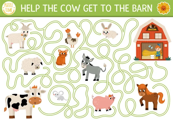 Farm Labirintus Gyerekeknek Állatokkal Kunyhóval Country Side Pre School Nyomtatható — Stock Vector