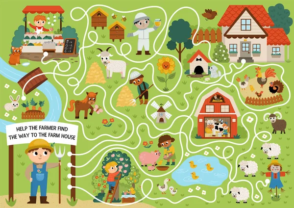 农场迷宫里的孩子有乡村风景 农村学前教育可打印活动 春夏迷宫游戏 拼图游戏 帮助农民找到去农场的路 — 图库矢量图片