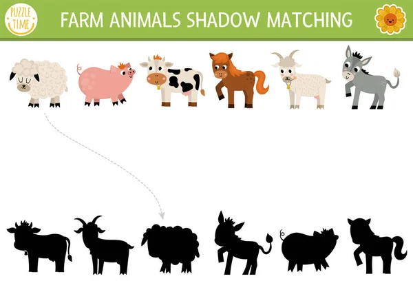 動物と農場の影のマッチング活動 かわいい牛 ヤギと田舎の村のパズル 正しいシルエットの印刷可能なワークシートやゲームを見つける 子供のための農場のページで — ストックベクタ