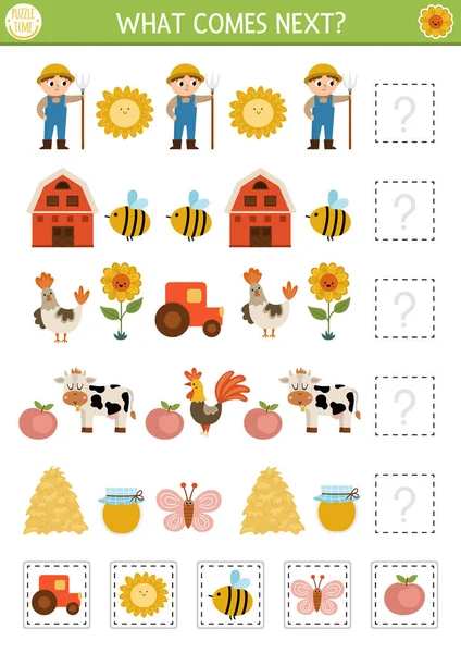 接下来会发生什么具有传统国家标志和特征的学龄前儿童的农场匹配活动 有趣的乡村之谜在农场的逻辑工作表上继续划 继续划 — 图库矢量图片