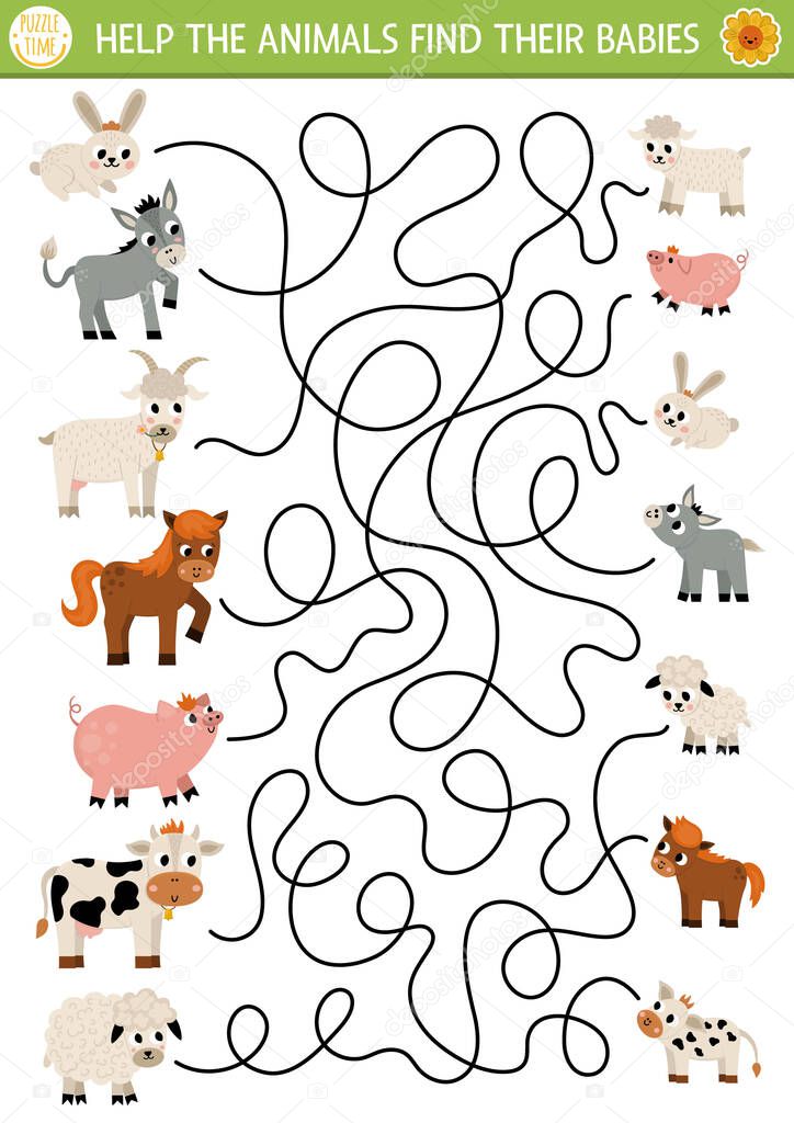 Farm maze for kids with animals and their babies. Country side preschool printable activity with cute goat, pig, horse, sheep, cow. Mothers day labyrinth game, puzzle with family love concep