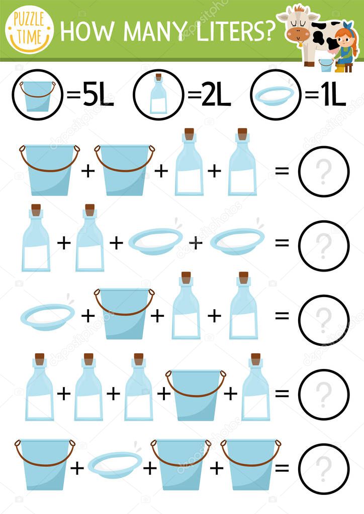 Farm how many liters game with funny cow, milk dairymaid. On the farm math addition activity for preschool children. Printable simple country counting worksheet for kid