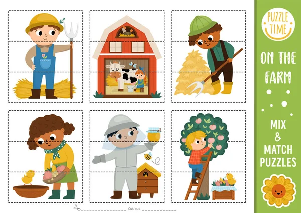 农场里的病媒混合在一起 与可爱的农民们拼凑在一起 为学龄前儿童安排农场或花园活动 带有养蜂人 谷仓的可打印教育游戏 — 图库矢量图片