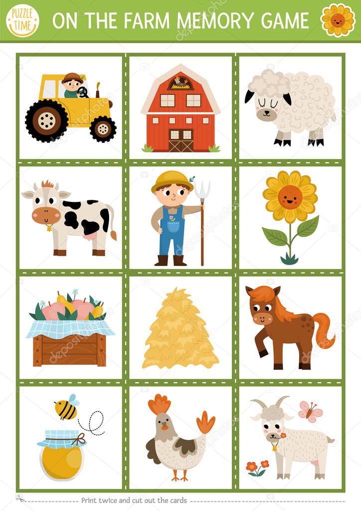Vector on the farm memory game cards with cute traditional rural symbols. Farm garden matching activity. Remember and find correct card. Simple printable worksheet for kid