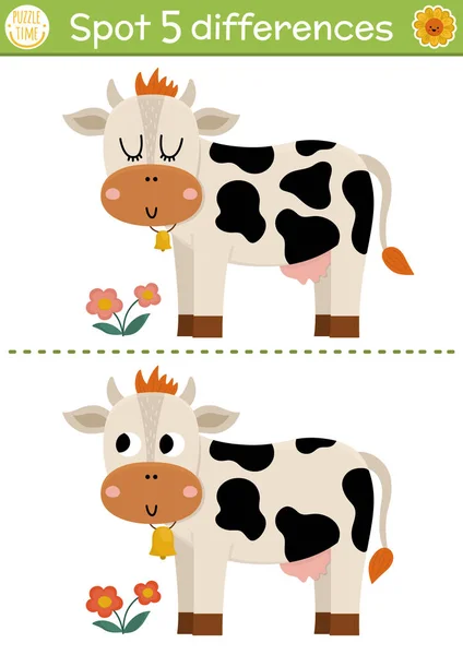为孩子们找出不同的游戏 在农场教育活动与可爱的奶牛 农家动物小孩的农场难题 乡郊可列印工作表或便桶 — 图库矢量图片
