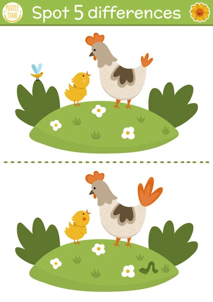 Find Differences Game Children Farm Educational Activity Cute Hen Chicken — Stock Vector