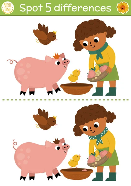 为孩子们找出不同的游戏 在农场教育活动中 与可爱的农家姑娘喂猪 农场拼图为具有滑稽性格的孩子 乡郊可列印工作表或便桶 — 图库矢量图片