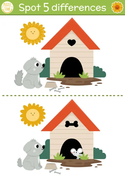 Find Differences Game Children Farm Educational Activity Cute Dog Kennel — Stock Vector