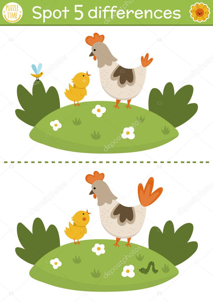 Find differences game for children. On the farm educational activity with cute hen and chicken. Farm puzzle for kids with farm birds and rural landscape. Village printable worksheet or pag