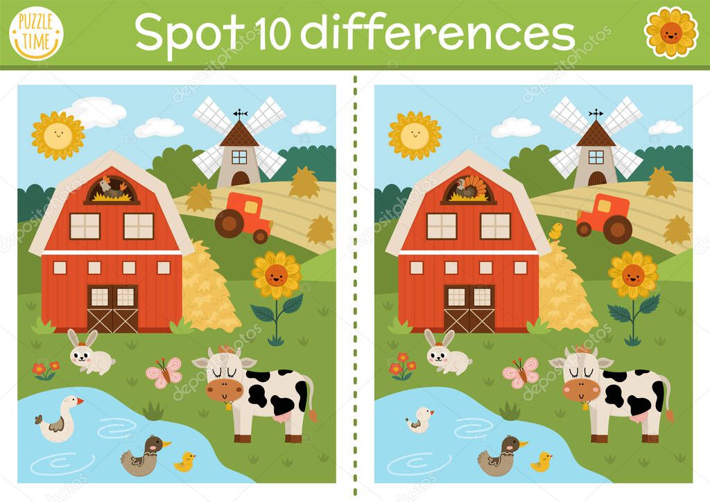 Find differences game for children. On the farm educational activity with cute barn house, rural landscape, tractor. Farm puzzle for kids with farm scene. Village printable workshee