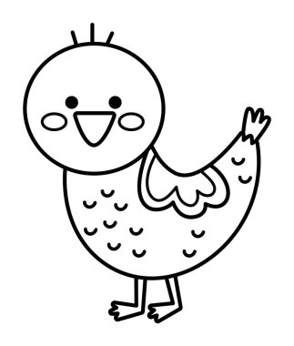 Siyah ve beyaz ördek ikonu. Çocuklar için şirin bir çizgi film çizimi. Beyaz arka planda izole edilmiş yavru çiftlik kuşu. Çocuk için çizgi hayvan resmi veya boyama sayfası