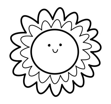Şirin siyah beyaz gülümseyen kawaii güneş ikonu. Vektör çocukça tasvir. Beyaz arkaplanda izole edilmiş çizgi gezegen resmi veya boyama sayfası