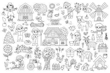 Big black and white vector farm set. Rural line icons collection with funny kid farmers, barn, country house, animals, birds, tractor, windmill. Cute outline village or garden coloring pag clipart